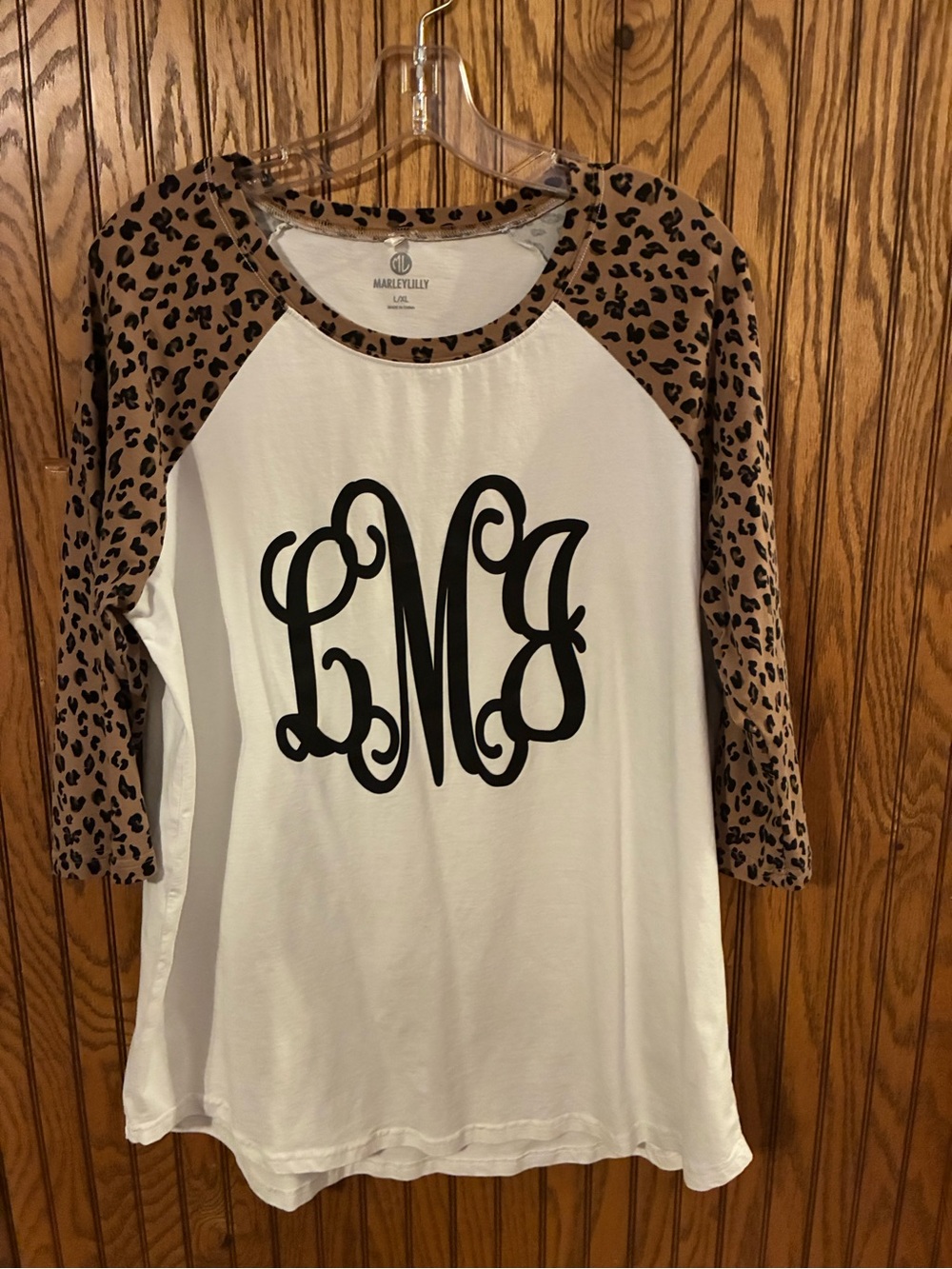 Women’s Cream Raglan Top with Leopard Print Sleeves and Monogram